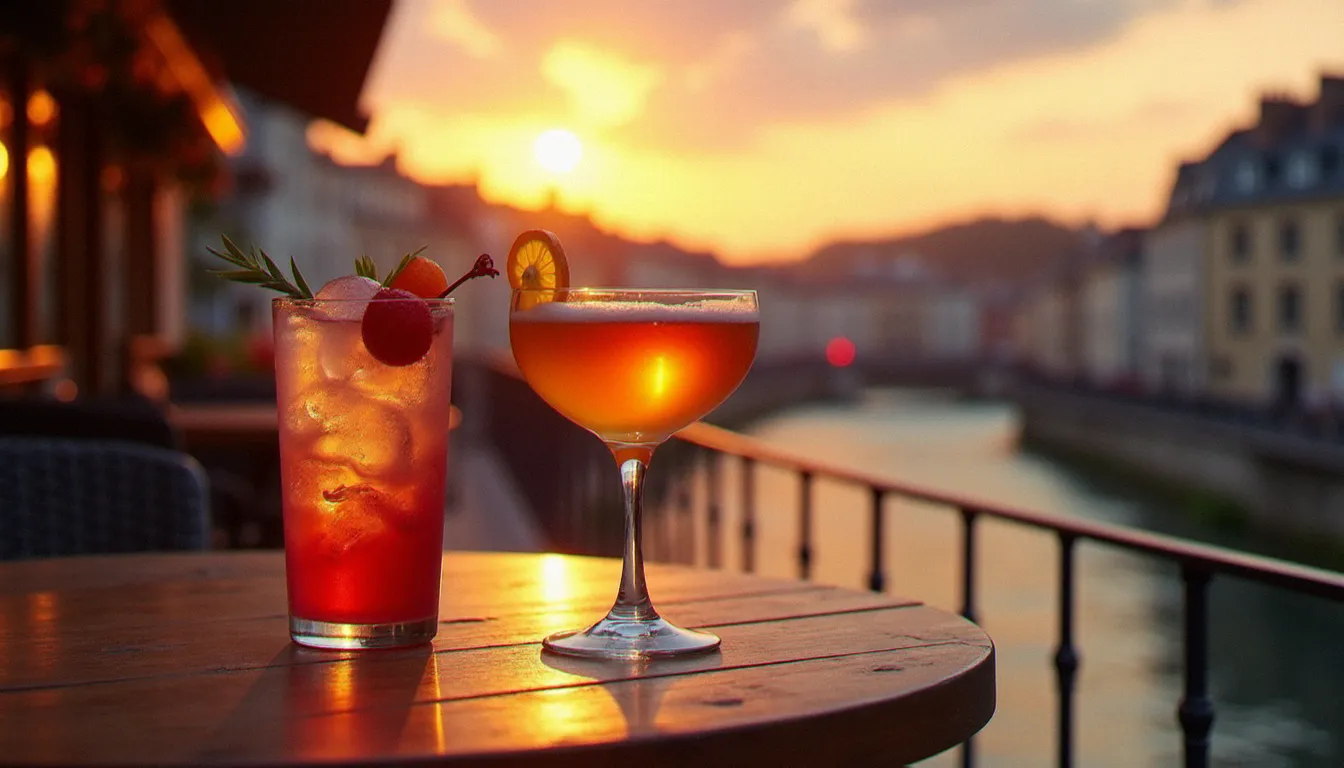 Terrasse de bar en extérieur au coucher du soleil, deux cocktails colorés avec des garnitures élaborées sur une table en bois, ciel rose et orange se reflétant dans les verres