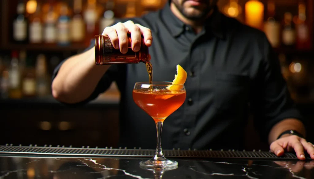 cocktail signature en anglais featured Un bartender versant un cocktail signature ambre doré dans un verre coupe sur un comptoir en marbre sombre, lumière tamisée et atmosphère de bar haut de gamme
