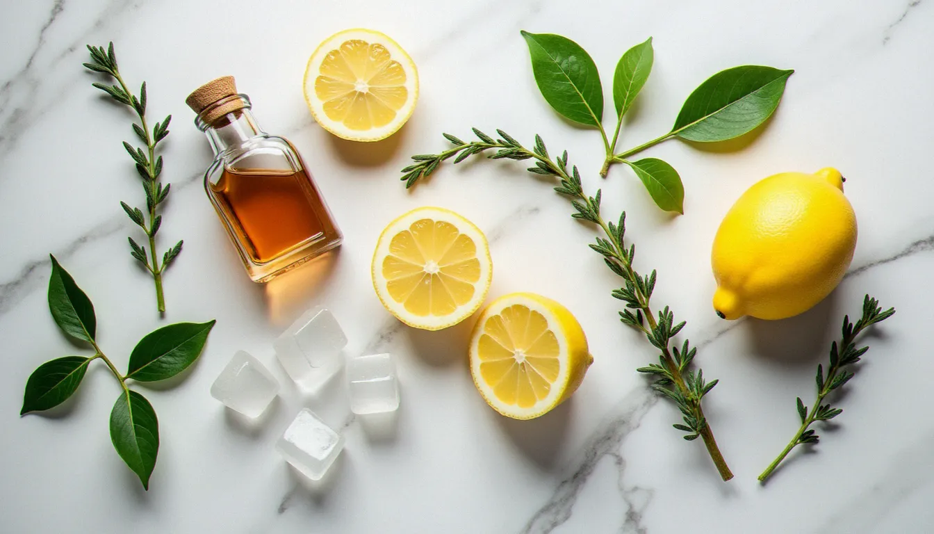 Ingrédients frais utilisés pour le cocktail Euclide : citron, verveine, thym et sirop maison disposés sur une surface en marbre