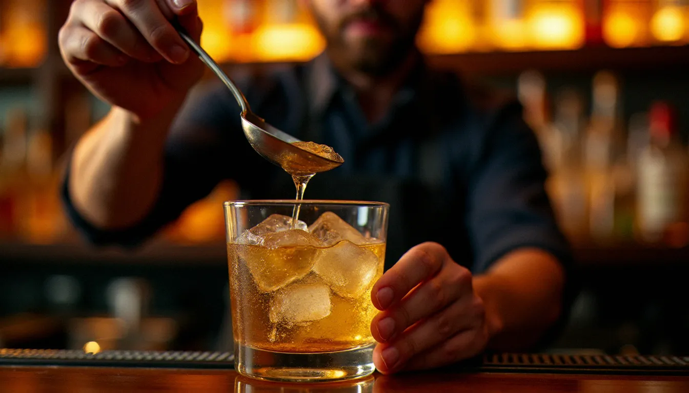 Barman versant délicatement de l'eau tonic dans un verre lors de la préparation du cocktail Euclide à O'Sunset Vichy