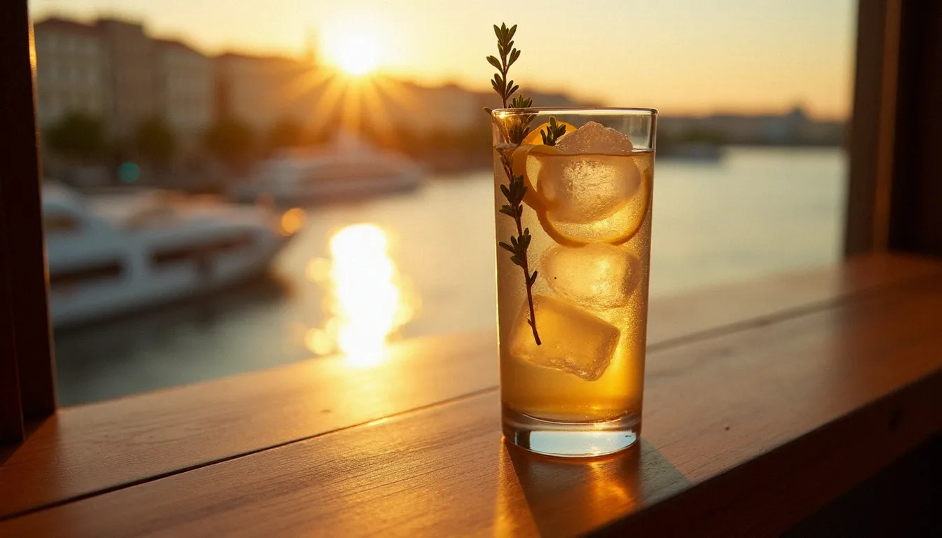 Le cocktail signature Euclide d'O'Sunset Vichy, un long drink aux herbes fraîches et au citron, servi en terrasse au coucher du soleil