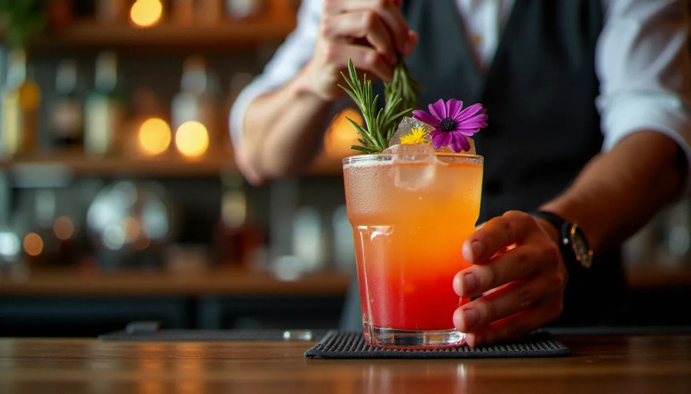 Barman en train de garnir un cocktail signature avec des fleurs comestibles et du romarin fumé, démontrant les critères de reconnaissance d'un vrai cocktail signature