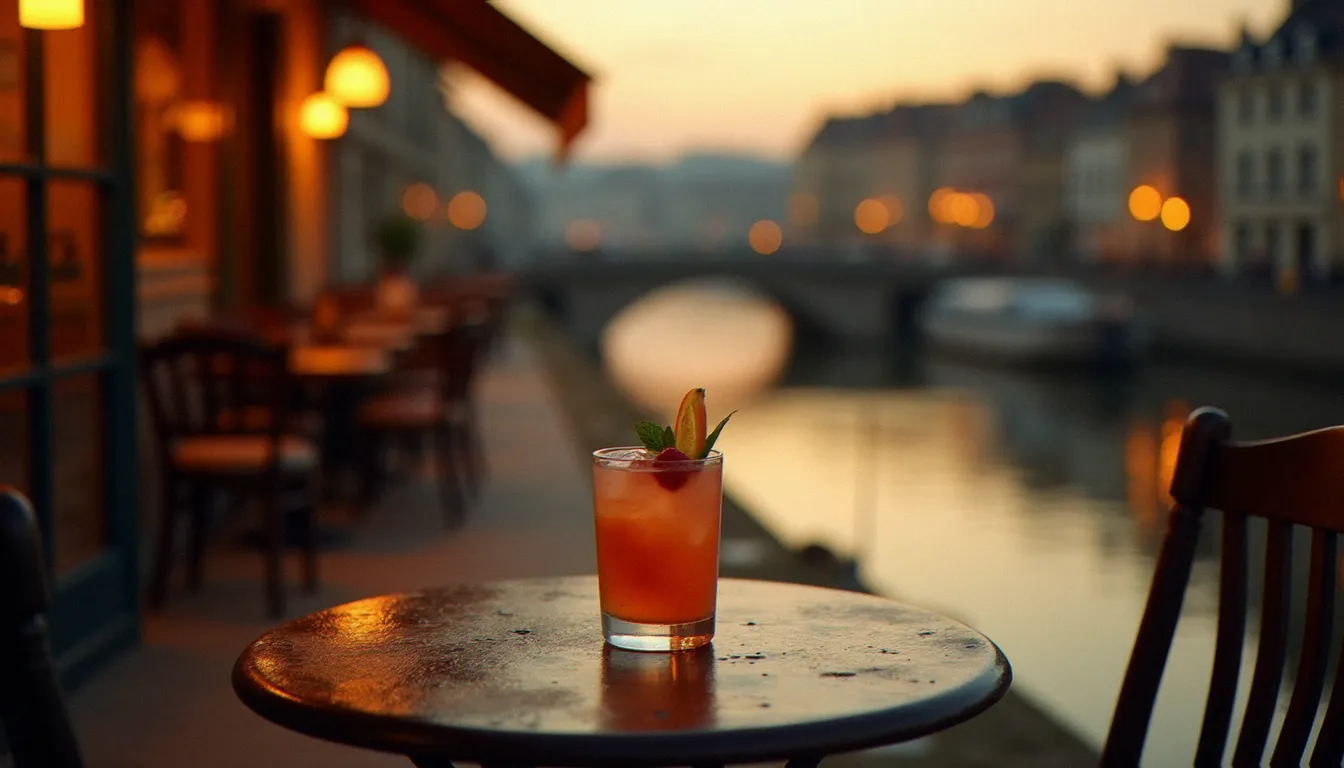 Cocktail signature posé sur une table de terrasse d'un bar français au coucher du soleil, avec la rivière Allier en arrière-plan flou, évoquant l'atmosphère des bars de Vichy