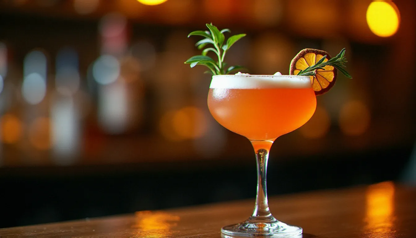 Cocktail signature servi dans un verre coupe en cristal sur un comptoir de bar en bois sombre, illustrant le concept de cocktail signature meaning
