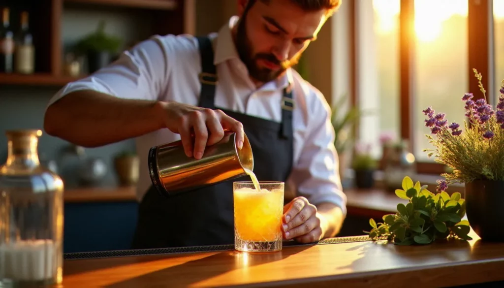 cocktail signature sp 2026 featured Bartender préparant un cocktail signature SP 2026 avec des fleurs locales et des spiritueux artisanaux dans un bar de Vichy