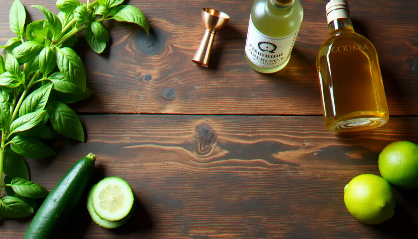 Vue de dessus des ingrédients d'un cocktail signature vodka disposés sur une table en bois : vodka de blé, basilic frais, sirop de fleur de sureau, concombre et citron vert