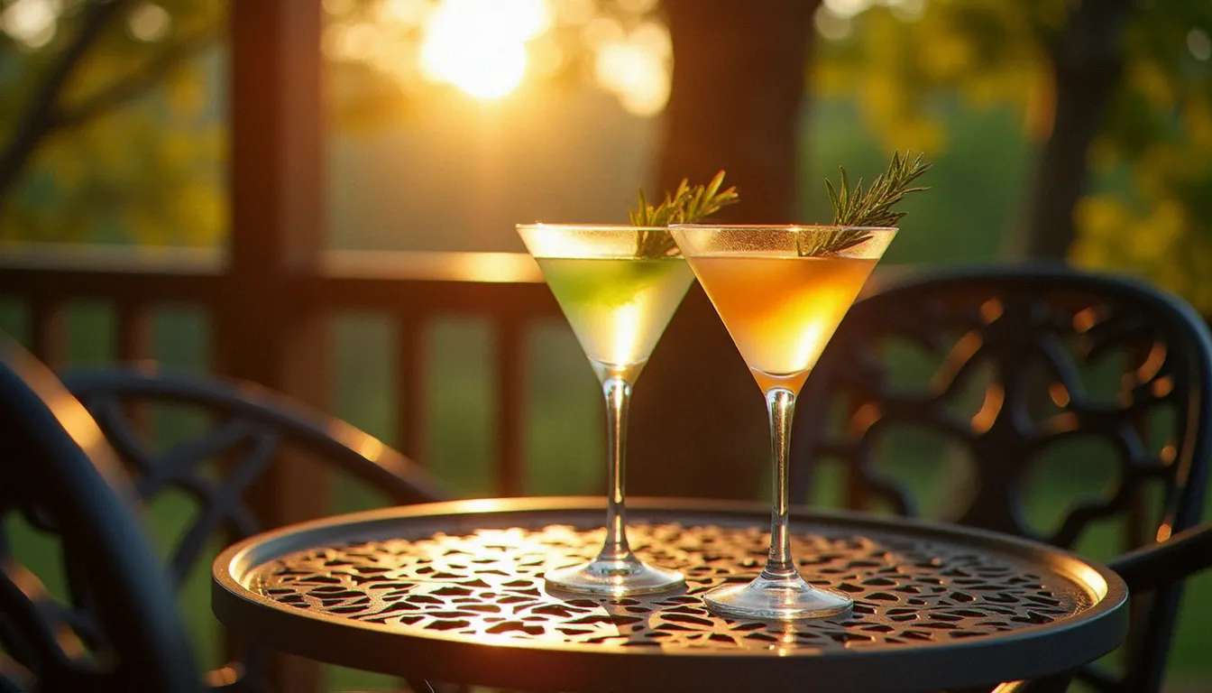 Deux cocktails signatures à la vodka aux couleurs chaudes posés sur une table de terrasse en fer forgé au coucher du soleil dans une ville thermale française