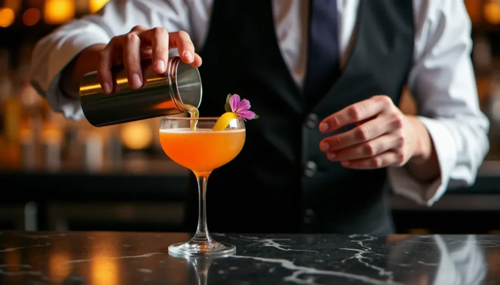 cocktail signature vodka featured Barman versant un cocktail signature à base de vodka dans un verre coupe sur un comptoir en marbre noir, garni d'un zeste de citron et d'une fleur comestible