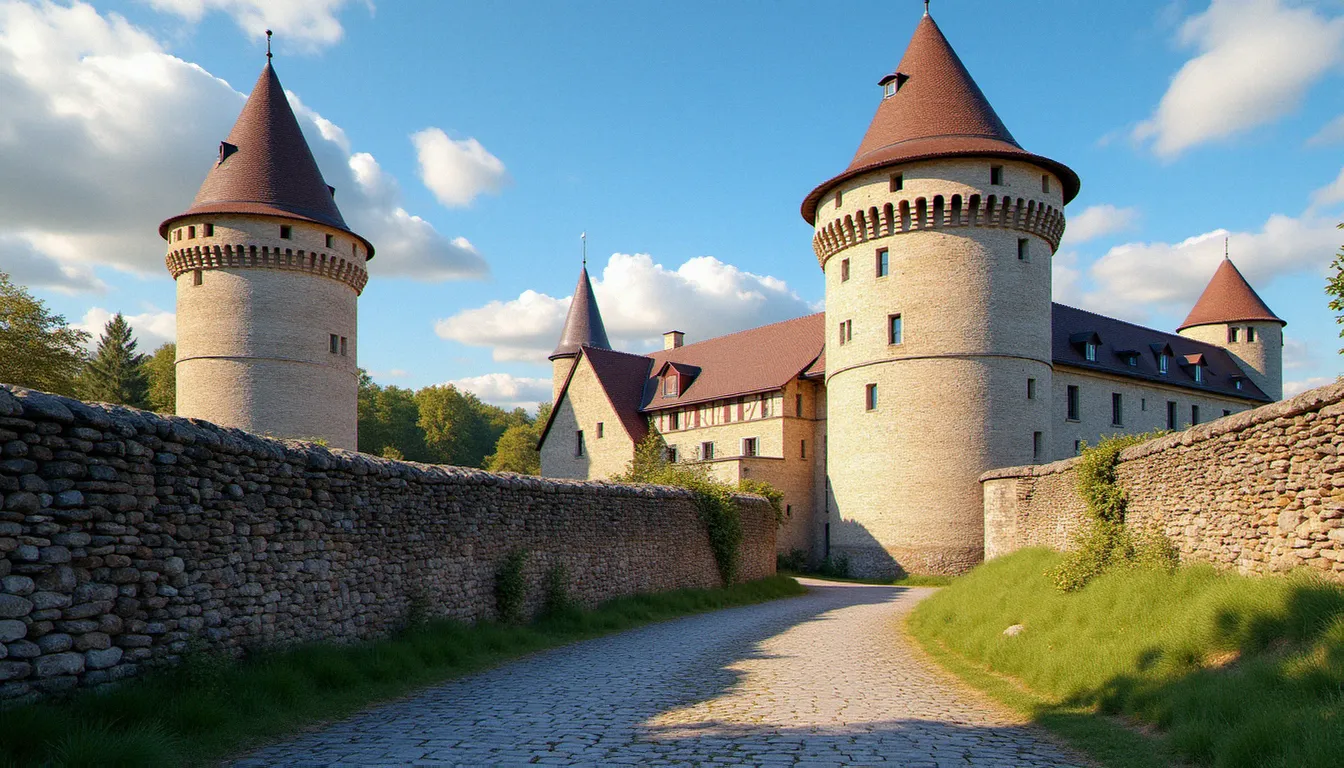 Remparts médiévaux et tours en pierre d'une commune historique dans l'Allier, Bourbonnais