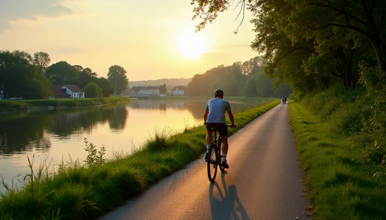 Cycliste sur la véloroute des bords de l'Allier entre deux communes du département, paysage de rivière auvergnat