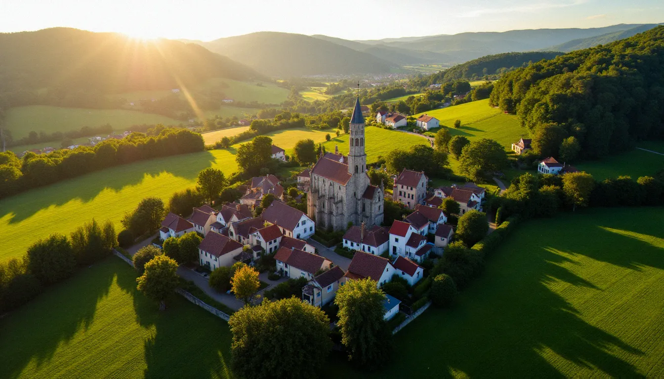 Vue aérienne d'une commune dans l'Allier avec église romane et paysage bocager auvergnat sous lumière dorée