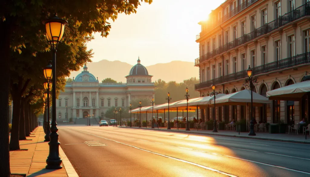 grandes villes deaux deurope featured Promenade d'une grande ville d'eaux d'Europe à l'heure dorée, avec architecture Belle Époque et thermes historiques en arrière-plan