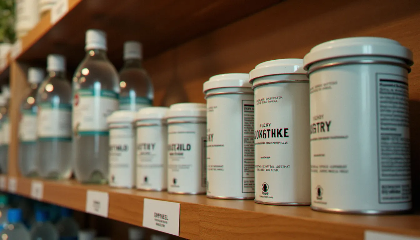 Boîtes de pastilles Vichy exposées sur une étagère de pharmacie de centre-ville, aux côtés de bouteilles d'eau minérale