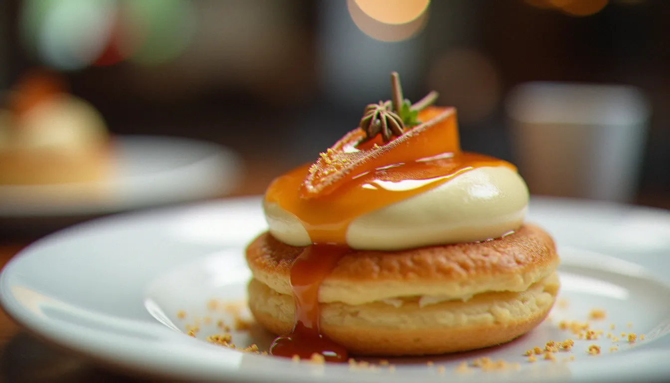Dessert artisanal à base de pastille Vichy fondue, chantilly anisée sur chou glacé, dressage soigné sur assiette en porcelaine blanche