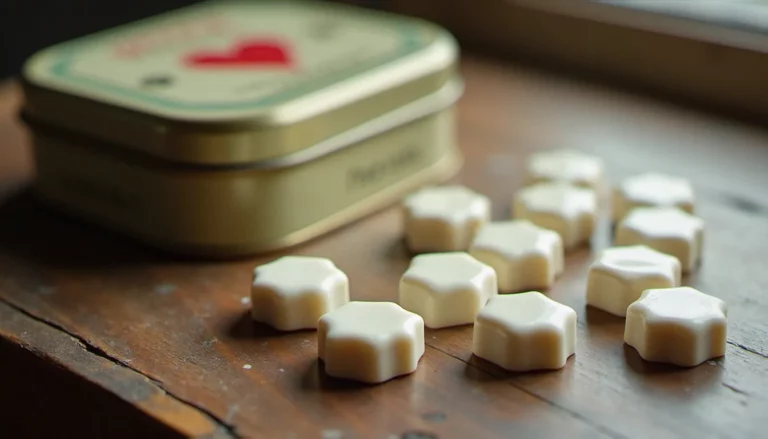 Pastilles Vichy octogonales blanches disposées sur une surface en bois avec leur boîte métal vintage