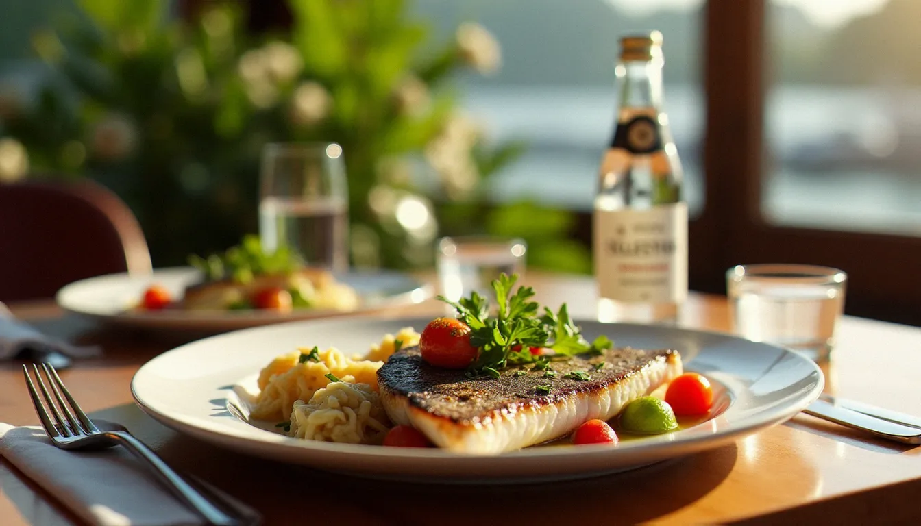 Repas léger et équilibré typique du régime Vichy, servi avec de l'eau Vichy Célestins dans un restaurant du bord de l'Allier