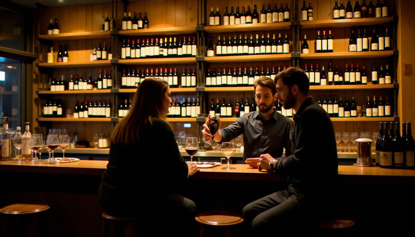 Caviste versant du vin à des clients dans un bar à vins indépendant français, rayonnages de bouteilles sélectionnées visibles en arrière-plan