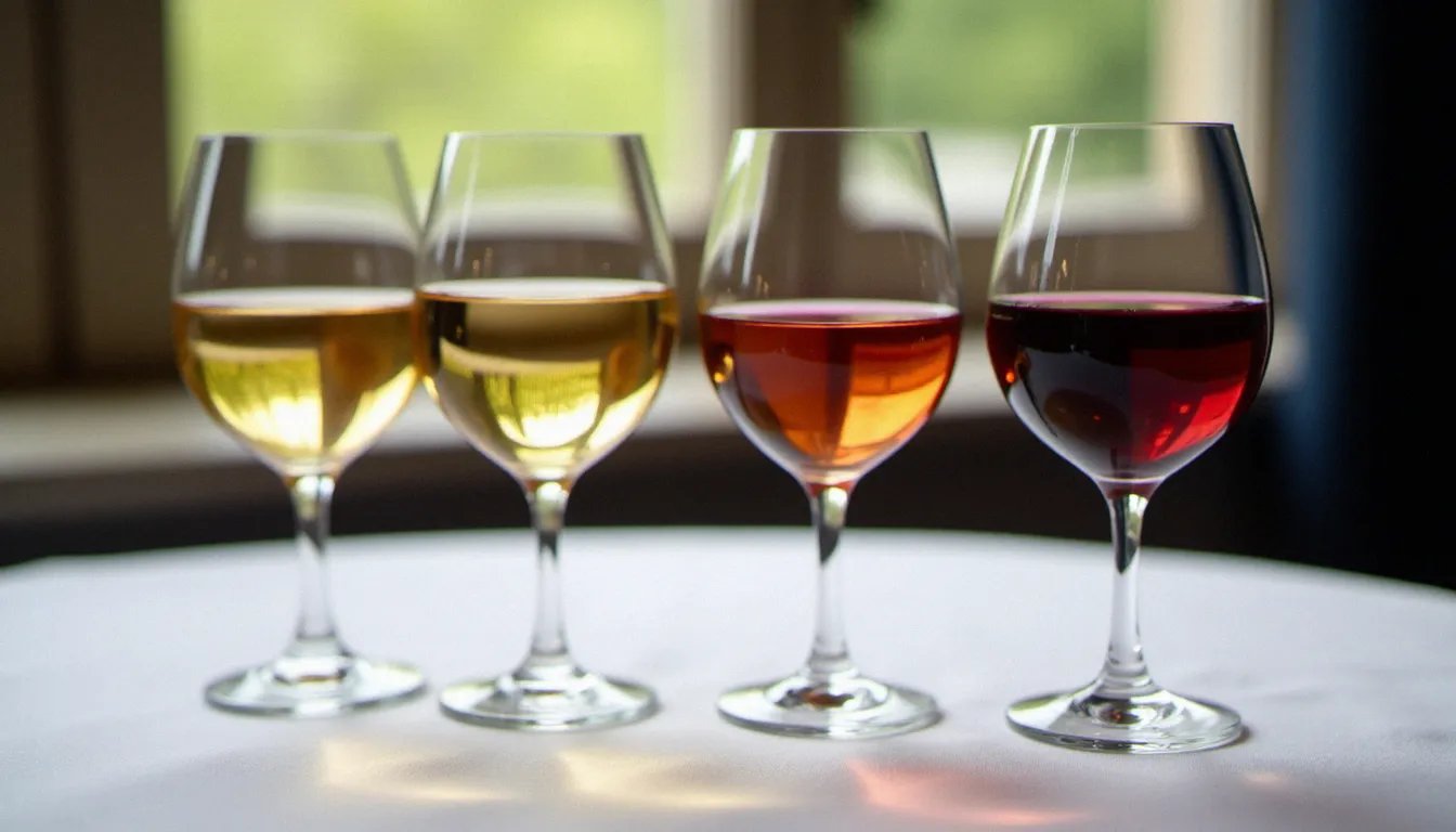 Quatre verres de vin de couleurs différentes alignés sur une nappe blanche lors d'une initiation à la dégustation, illustrant la diversité des cépages et régions viticoles françaises