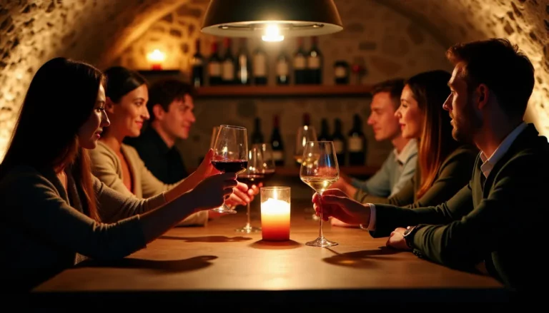 Groupe de personnes participant à une soirée dégustation vin dans une cave en pierre, levant leurs verres à la lumière lors d'une initiation œnologique