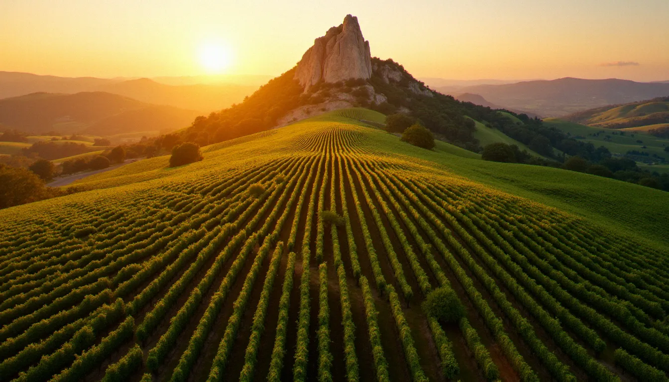 Vignoble du Pic Saint-Loup aux abords de Montpellier au coucher du soleil, rangées de vignes languedociennes s'étendant vers le rocher emblématique
