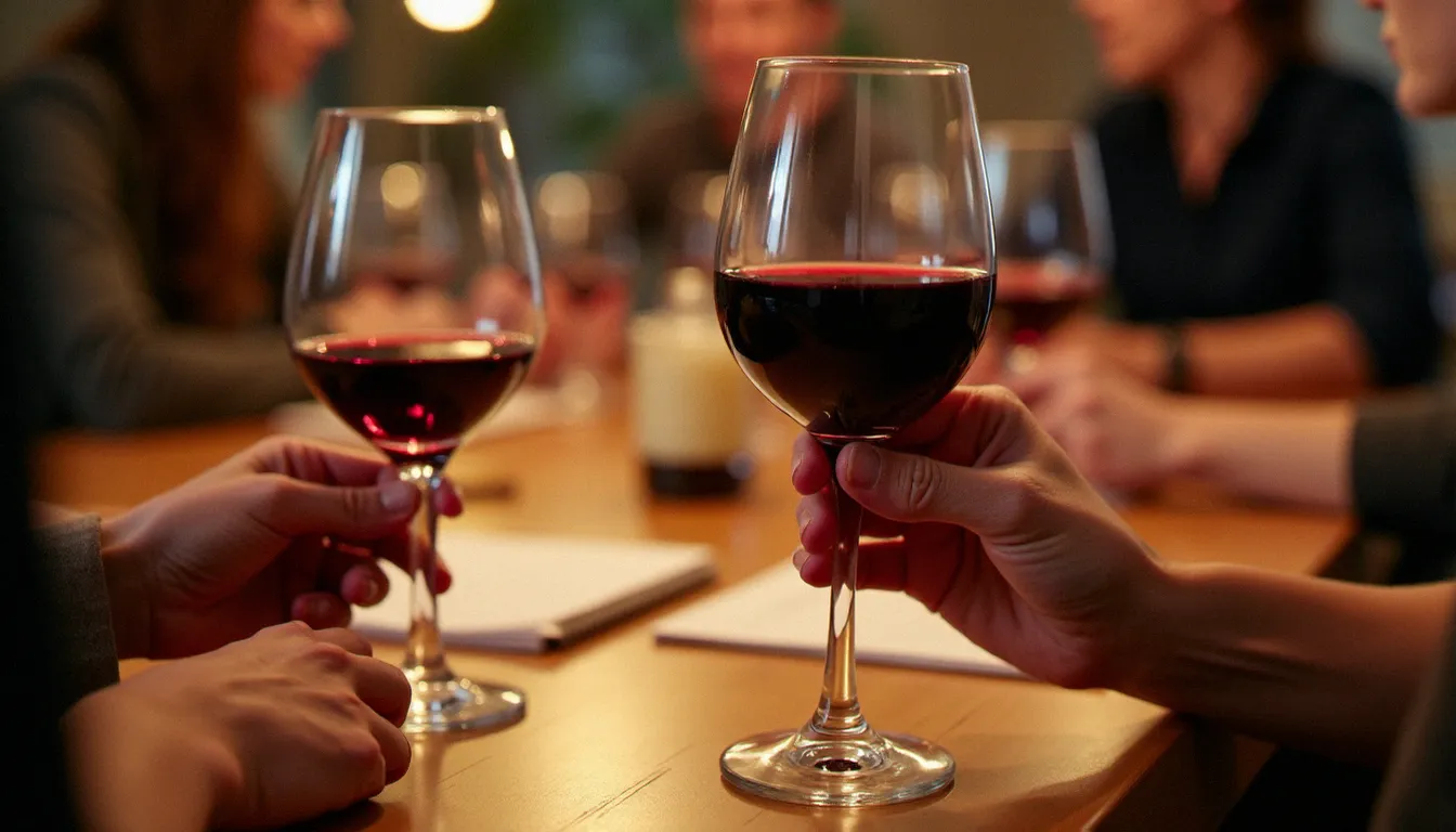 Participant tenant un verre de vin rouge du Languedoc lors d'une soirée dégustation à Montpellier, analyse visuelle de la robe avec une fiche de dégustation posée sur la table
