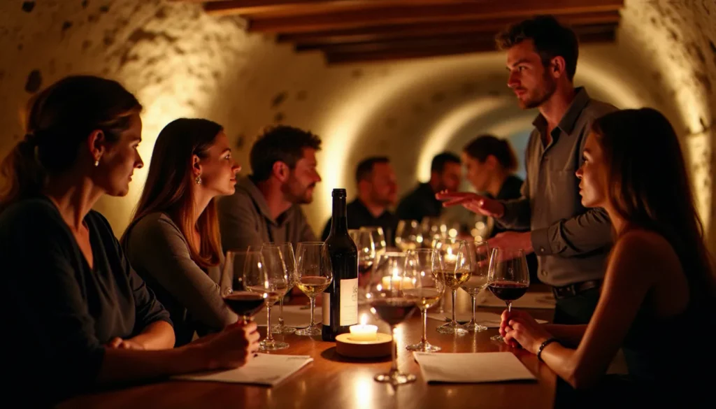 soiree degustation vin montpellier featured Soirée dégustation vin dans une cave voûtée en pierre à Montpellier, avec des verres de vins languedociens servis sur une table en bois à la lumière des bougies