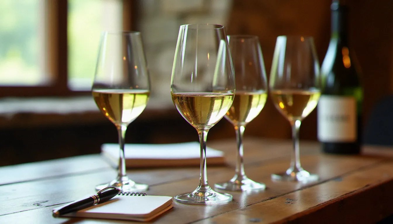 Comparaison de quatre appellations du vignoble nantais dans des verres à dégustation, avec carnet de notes posé à côté sur table en bois