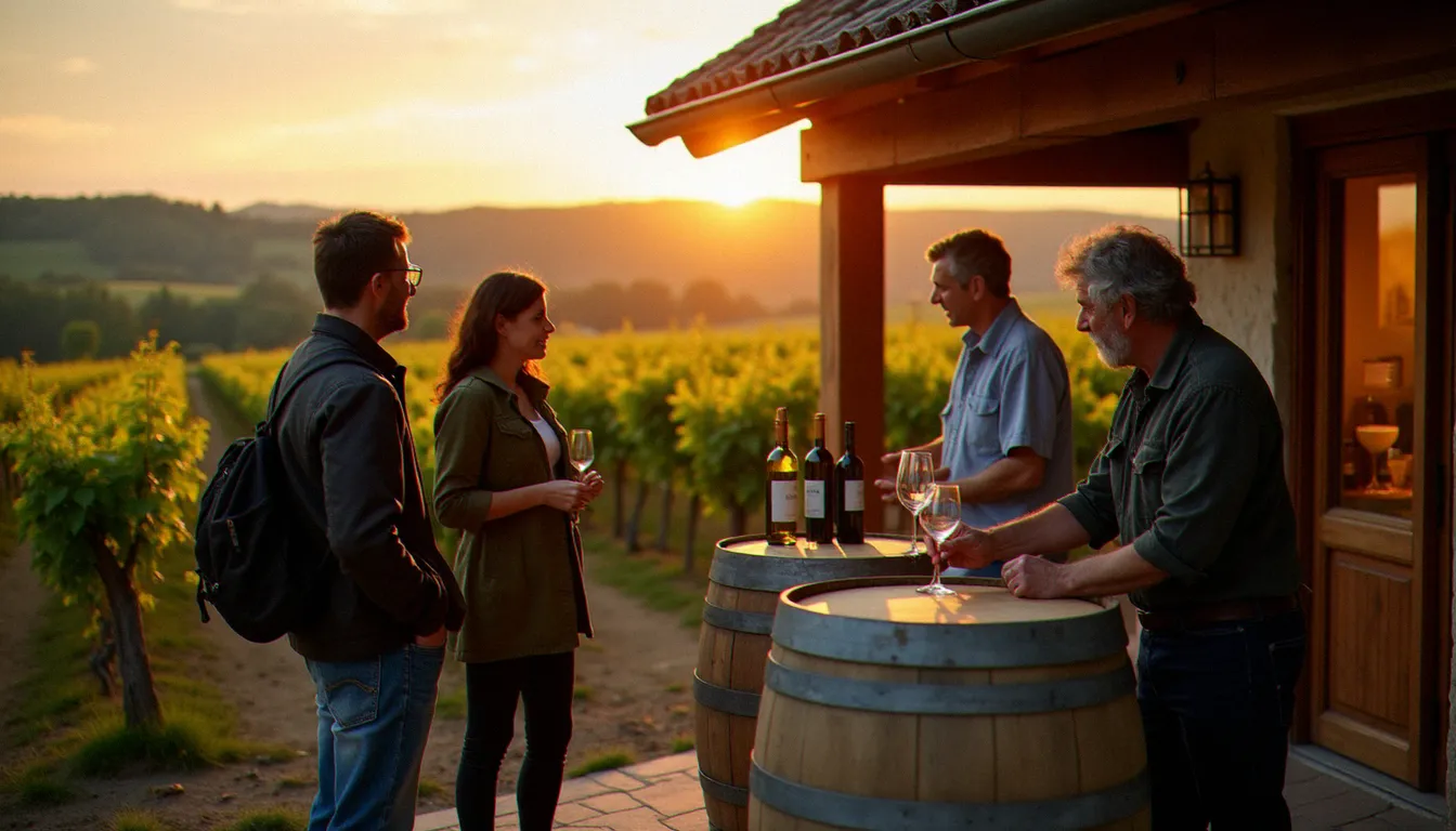 Visite d'un domaine viticole du Muscadet près de Clisson au crépuscule, vigneron versant un échantillon en chai moderne devant des rangées de vignes