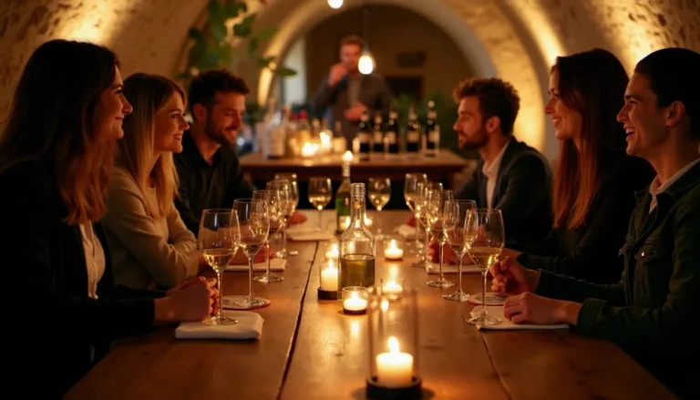 Soirée dégustation vin à Nantes dans une cave voûtée, verres de Muscadet sur table en bois avec groupe d'amateurs autour d'un sommelier