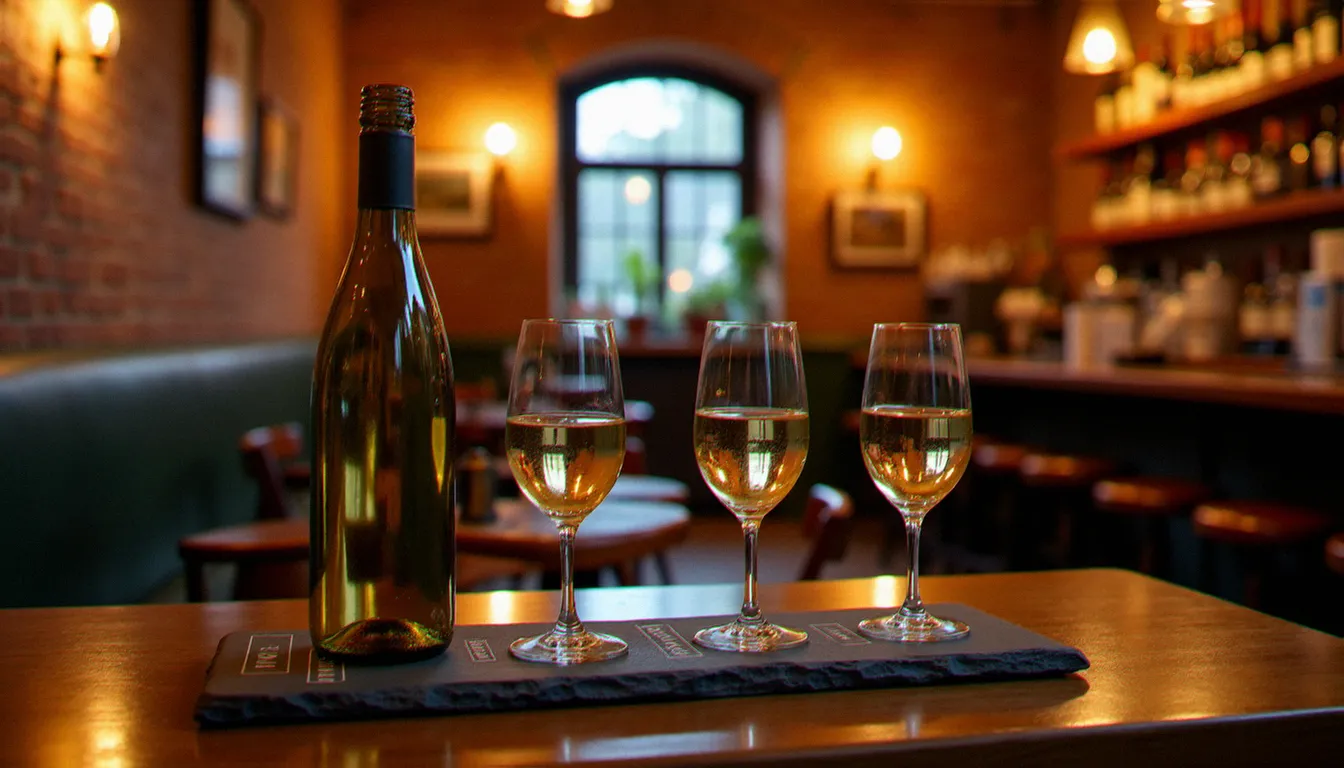 Bar à vins strasbourgeois proposant un flight de vins alsaciens sur une ardoise, ambiance chaleureuse en soirée