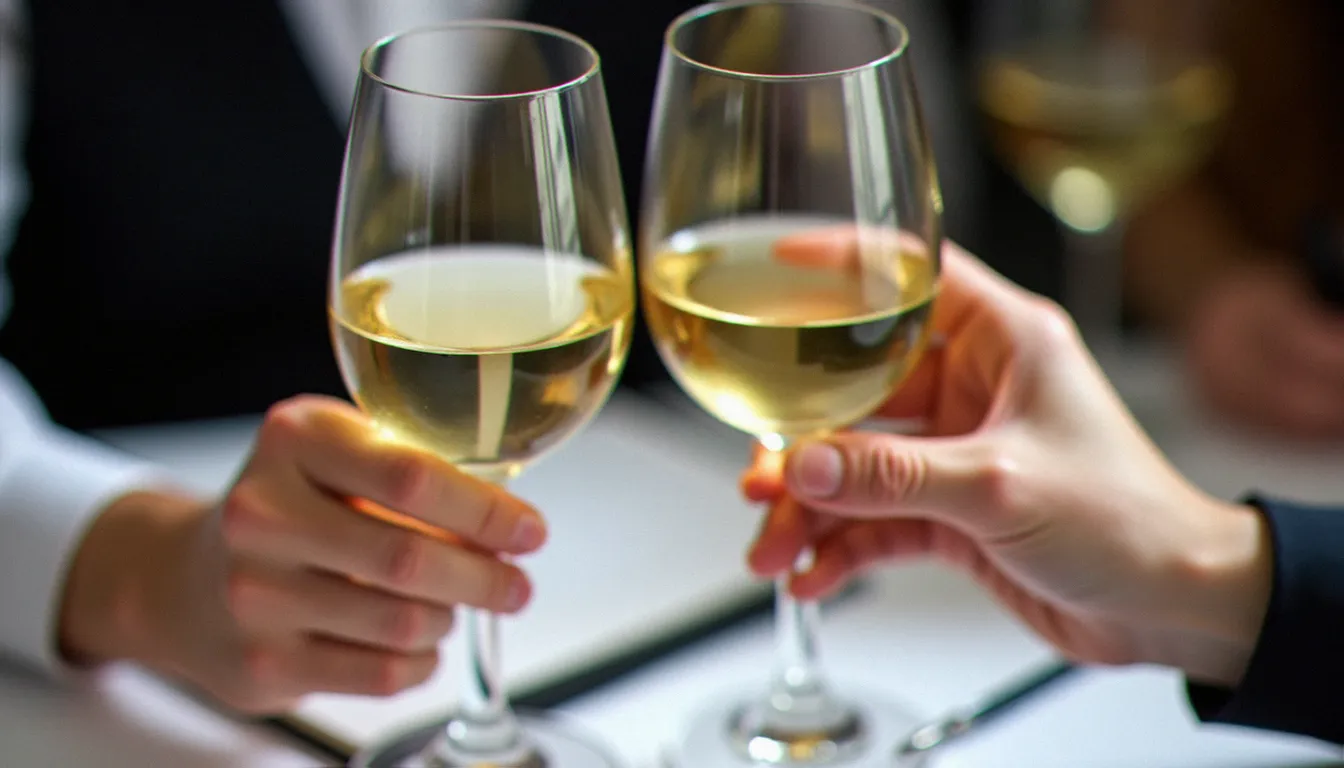 Comparaison visuelle de deux vins alsaciens lors d'une dégustation, verres de gewurztraminer et riesling tenus à la lumière