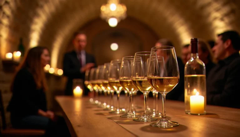 Soirée dégustation vin dans une cave alsacienne à Strasbourg, verres de riesling alignés sur une table en bois à la lumière des bougies
