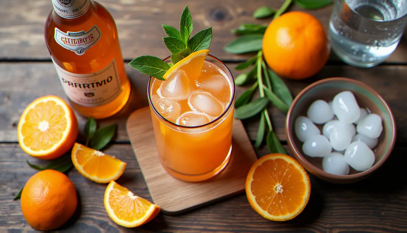 Vue du dessus des ingrédients pour préparer un spritz aperitivo : bouteille d'aperitivo orange, prosecco, eau gazeuse et oranges fraîches sur une table en bois