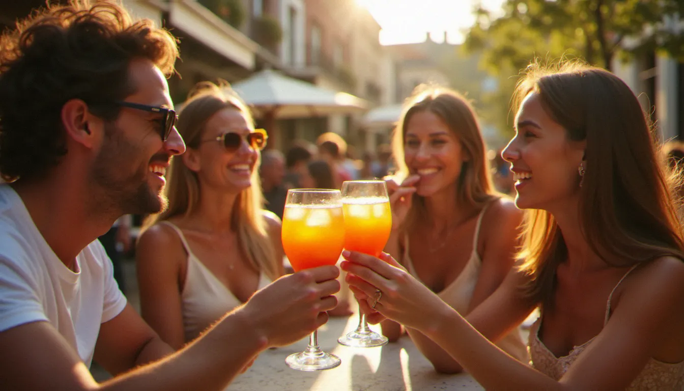 Groupe d'amis trinquant avec des verres de spritz orangé sur une terrasse extérieure en été, ambiance conviviale à l'heure de l'apéritif