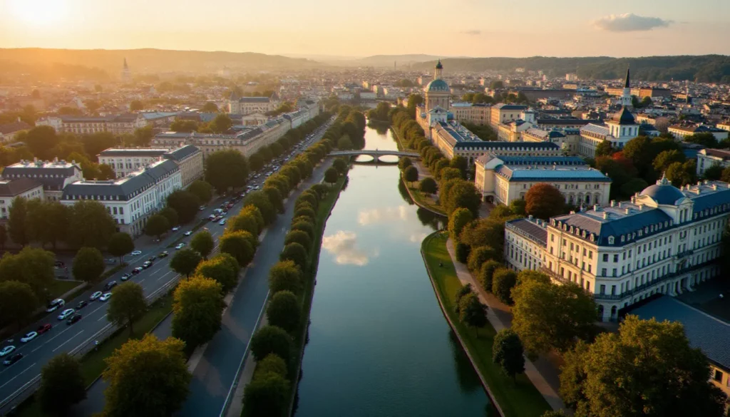 vichy creee featured Vue aérienne du centre-ville de Vichy créée au fil des siècles, avec ses bâtiments Belle Époque et les bords de l'Allier