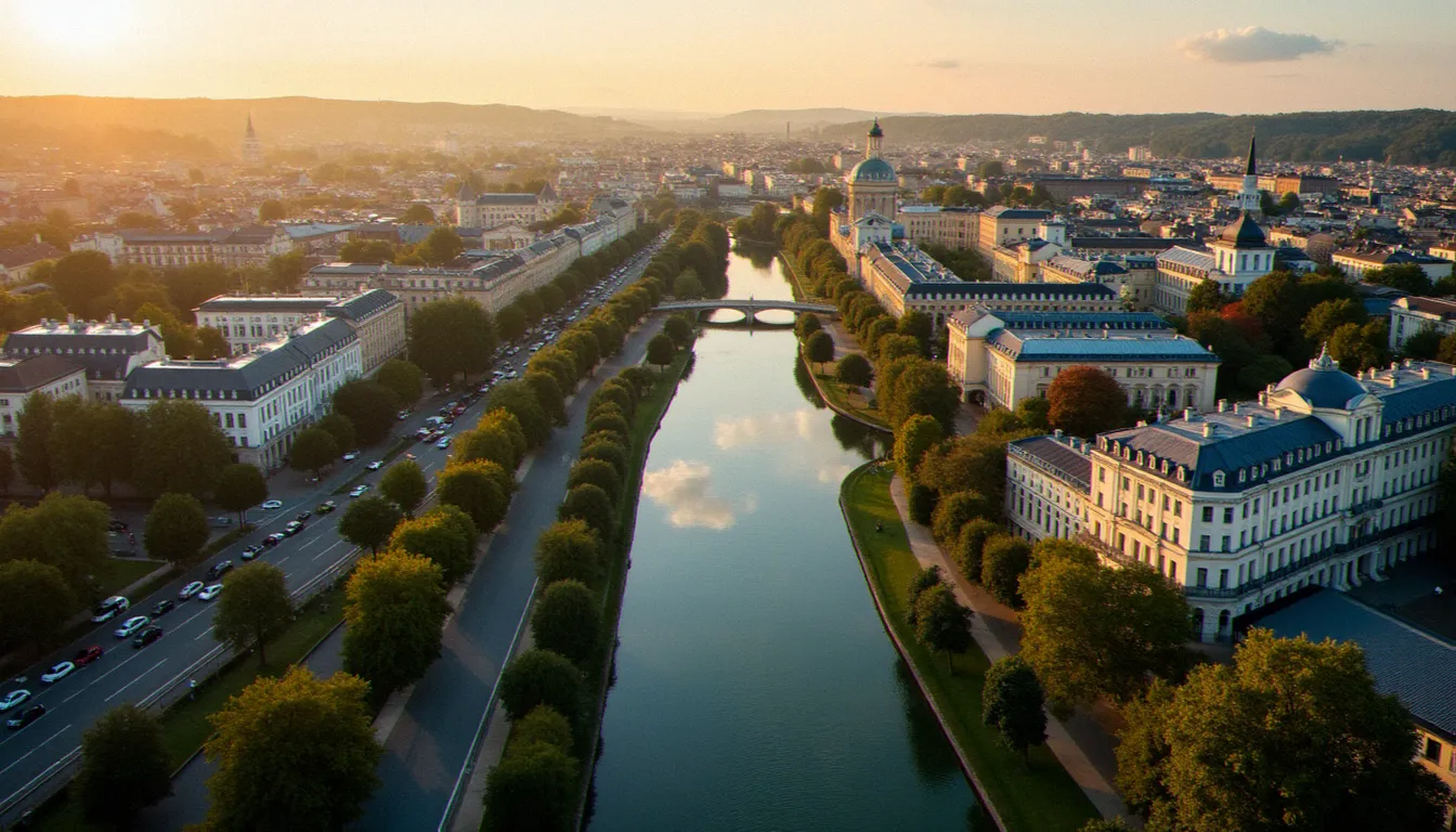 Vue aérienne du centre-ville de Vichy créée au fil des siècles, avec ses bâtiments Belle Époque et les bords de l'Allier