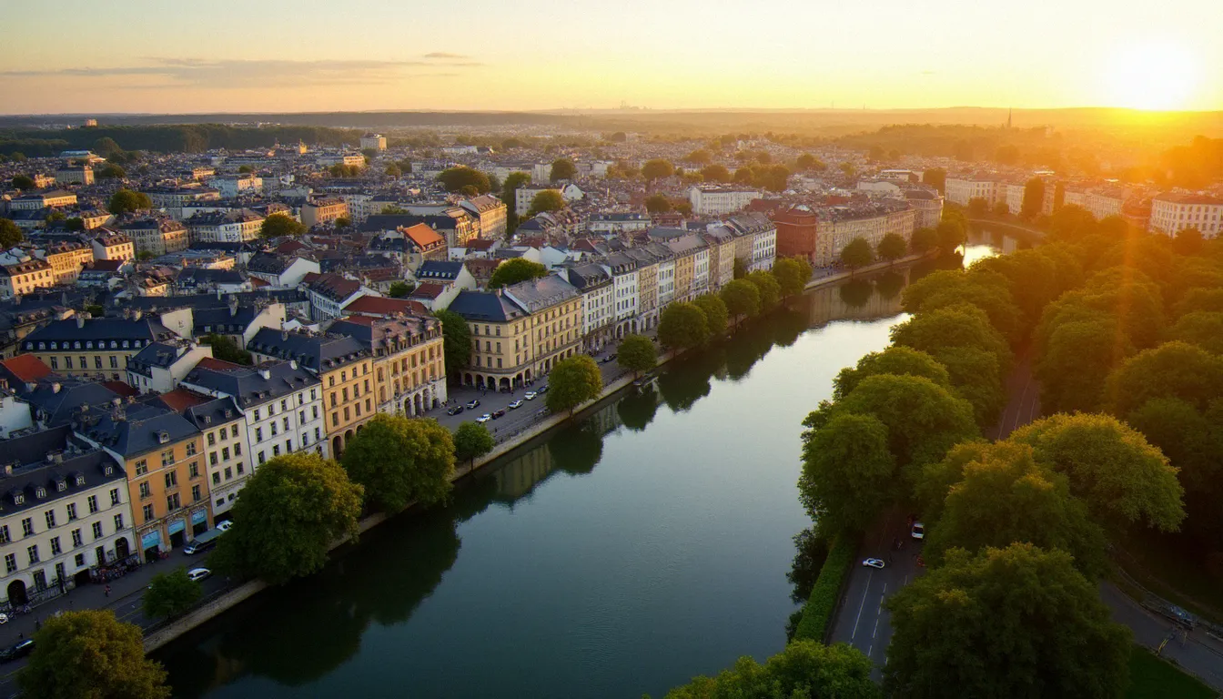 Vue aérienne de Vichy au coucher du soleil, avec les bords de l'Allier et les façades Belle Époque, illustrant ce qu'est Vichy aujourd'hui