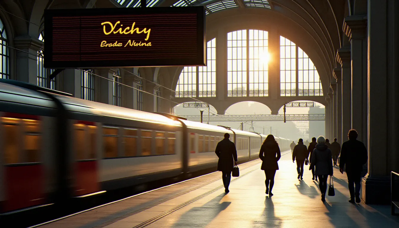 Tableau des arrivées d'une gare française indiquant Vichy comme destination, illustrant la notoriété nationale du nom vichy prononcé par les voyageurs