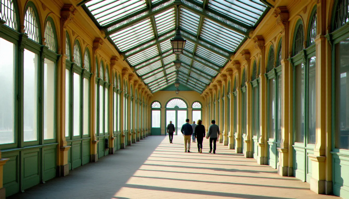 Les galeries couvertes du Parc des Sources à Vichy ville, arcade en fonte Belle Époque avec promeneurs au matin