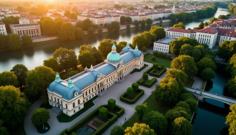 Vue aérienne de Vichy ville au coucher du soleil, avec l'architecture thermale Belle Époque et les rives de l'Allier