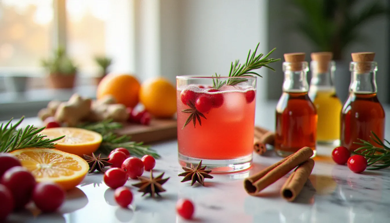 Ingrédients pour cocktails sans alcool de Noël disposés sur un plan de travail en marbre : canneberges, cannelle, anis étoilé et gingembre frais