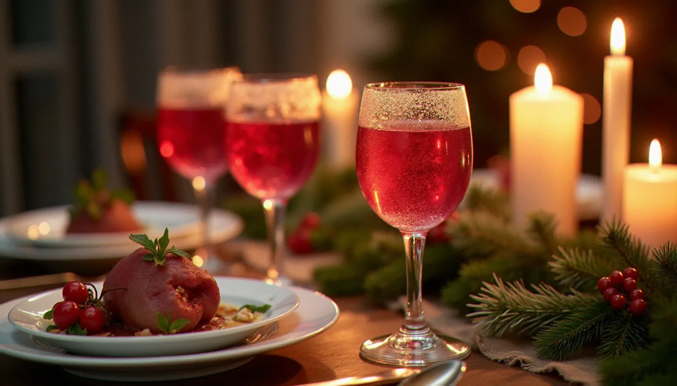 Table de réveillon de Noël élégamment dressée avec des flûtes de cocktails sans alcool à l'hibiscus, bougies et branches de sapin en décoration