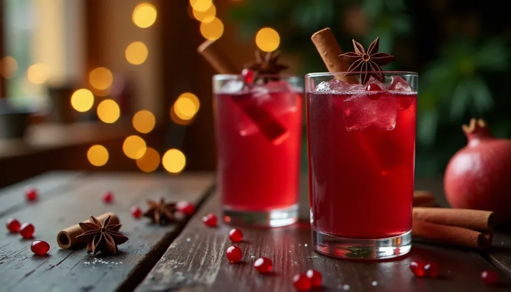cocktail sans alcool noel featured Trois cocktails sans alcool de Noël à base de grenade et épices, présentés sur une table festive décorée de lumières dorées