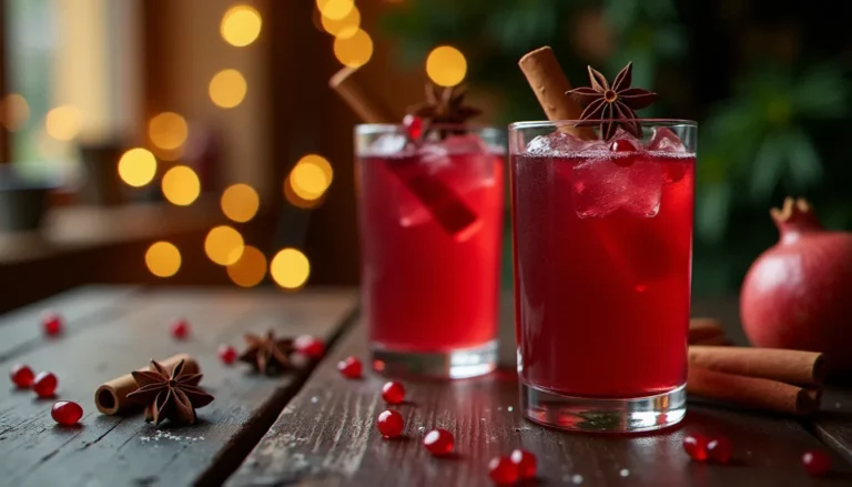 Trois cocktails sans alcool de Noël à base de grenade et épices, présentés sur une table festive décorée de lumières dorées