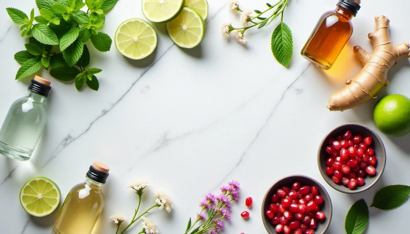 Ingrédients pour cocktails sans alcool pétillants faciles disposés sur marbre blanc : citrons verts, gingembre, fleurs de sureau, grenade et sirops artisanaux