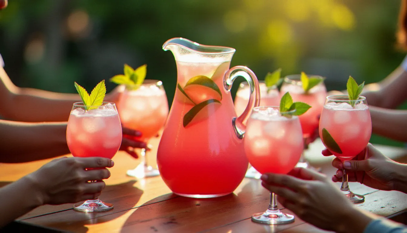 Grande carafe de cocktail sans alcool pétillant rose servie lors d'un apéro en plein air, entourée de verres individuels garnis de rondelles de citron et de glaçons