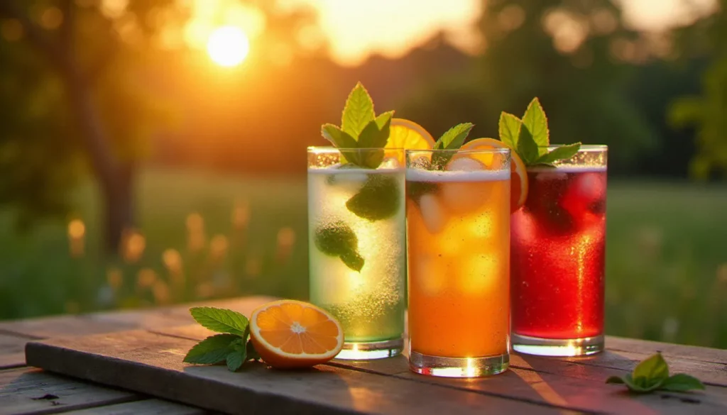 cocktail sans alcool petillant facile featured Trois cocktails sans alcool pétillants faciles aux couleurs vives sur une table en bois, garnis de menthe fraîche et de rondelles d'agrumes à la lumière du soir