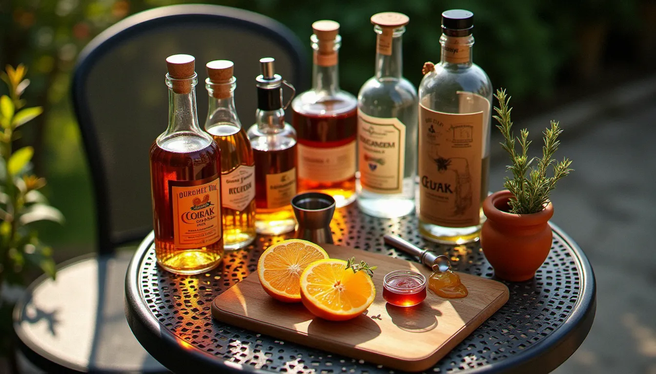 Matériel de création d'un cocktail signature à domicile sur une terrasse en Auvergne : spiritueux, fruits frais, miel de châtaignier et thyme disposés sur une table métallique
