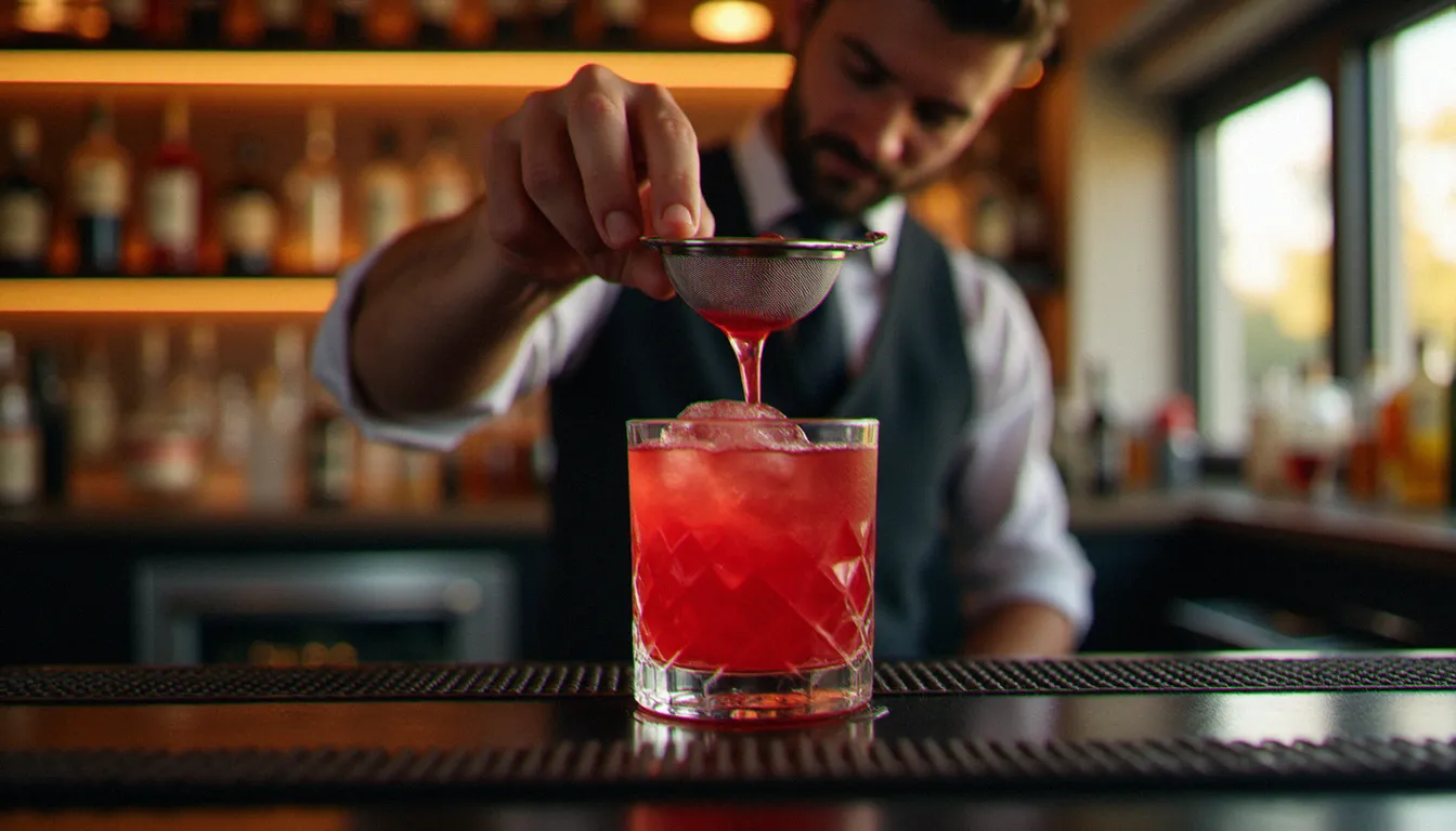 Barman filtrant un cocktail signature rouge vif dans un verre givré, au comptoir d'un bar moderne