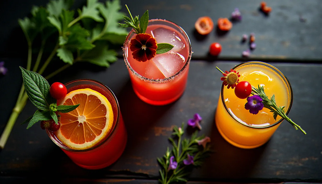 Vue du dessus de trois cocktail signature drinks colorés garnis d'herbes fraîches et de fleurs comestibles sur un comptoir en bois sombre